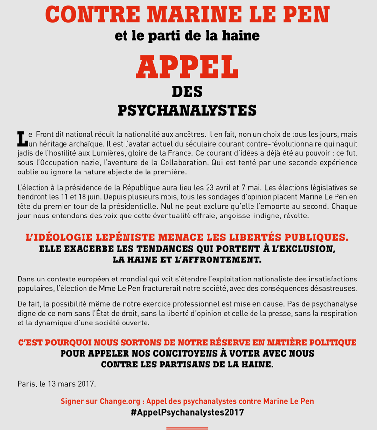 Appel des psychanalystes contre Marine Le Pen